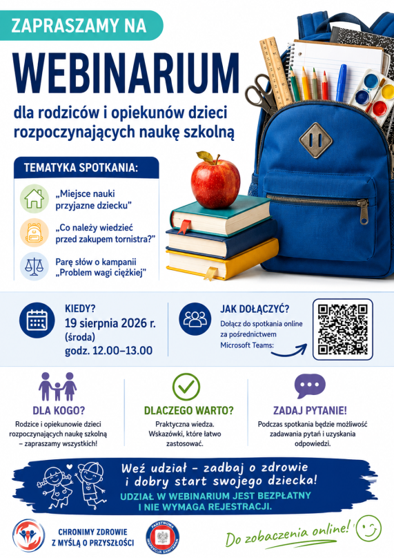 Wojewódzka Stacja Sanitarno-Epidemiologiczną w Rzeszowie zaprasza na webinar skierowany do rodziców i opiekunów dzieci rozpoczynających naukę w roku szkolnym 2026/2027