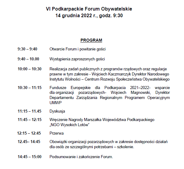 Zaproszenie na VI Podkarpackie Forum Obywatelskie dla organizacji pozarządowych