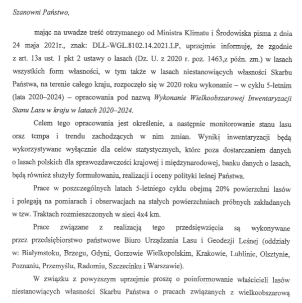 Informacja w spr. Wykonania Wielkoobszarowej Inwentaryzacji Stanu Lasu w kraju w latach 2020-2024