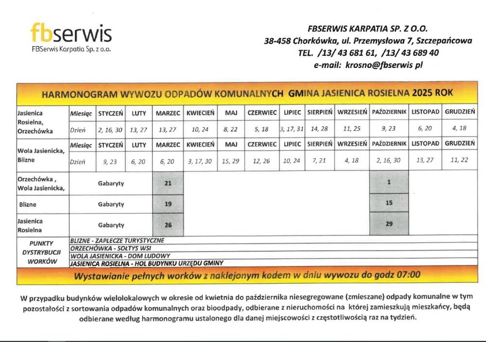 HARMONOGRAM odbioru odpadów komunalnych – II półrocze 2023 r.
