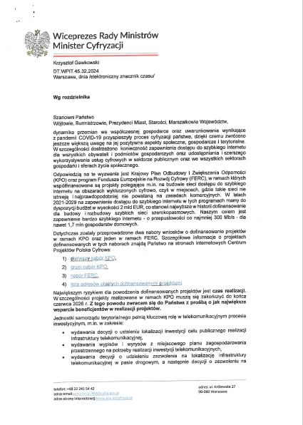 Informacja od Wiceprezesa Rady Ministrów w sprawie dostępu do szybkiego internetu dla obywateli.