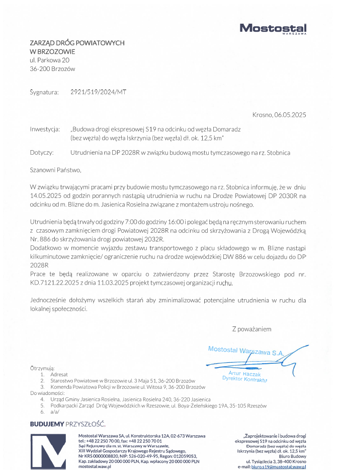 Informacja dot. Utrudnienia na DP 2028R w związku z budową mostu tymczasowego na rz.Stobnica